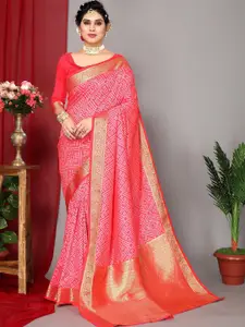 DRESSTIVE Pink Zari Silk Blend Banarasi Saree