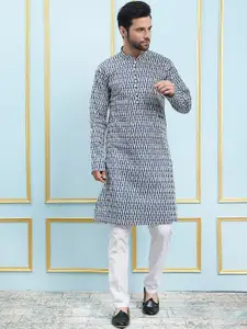 See Designs Geometric Printed Pure Cotton Mandarin Collar Straight Kurta with Pyjamas
