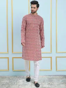 See Designs Geometric Printed Pure Cotton Mandarin Collar Straight Kurta with Pyjamas