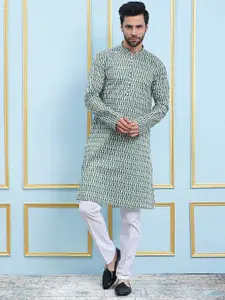 See Designs Geometric Printed Pure Cotton Mandarin Collar Straight Kurta with Pyjamas