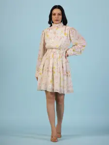 ETC Off White Floral Print Puff Sleeve Georgette Fit & Flare Dress