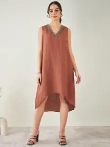 First Resort by Ramola Bachchan Brown & Copper-Toned Linen A-Line Dress