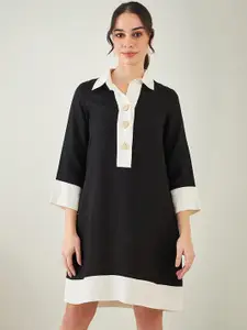First Resort by Ramola Bachchan Black & Off White Colourblocked Linen Shirt Dress