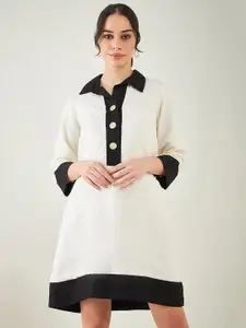 First Resort by Ramola Bachchan Off White & Black Colourblocked Linen Shirt Dress