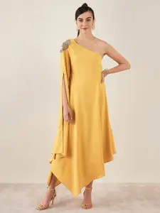 First Resort by Ramola Bachchan Mustard Yellow & Gold-Toned Embroidered One Shoulder Kimono Sleeve Crepe Fit Dress