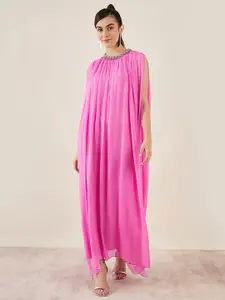 First Resort by Ramola Bachchan Pink & Silver-Toned Embroidered Georgette Maxi Dress