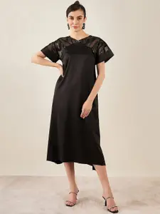 First Resort by Ramola Bachchan Black & Gunmetal-Toned Embellished Embroidered Slit Sleeve Satin Fit & Flare Dress