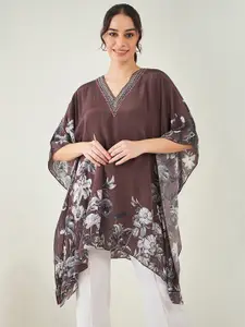 First Resort by Ramola Bachchan Brown & Grey Floral Print Kimono Sleeve Crepe Kaftan Dress