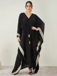 First Resort by Ramola Bachchan Black & Gold-Toned Kimono Sleeve Crepe Maxi Dress