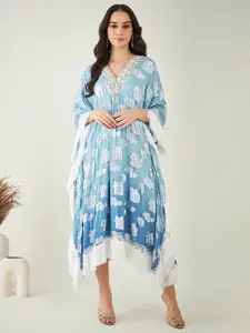 First Resort by Ramola Bachchan Blue & Silver-Toned Tie and Dye Dyed Kimono Sleeve Georgette Kaftan Midi Dress