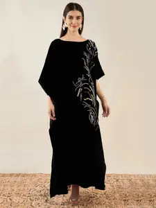 First Resort by Ramola Bachchan Black & Multicoloured Floral Embroidered Kimono Sleeve Velvet Maxi Dress