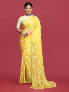Ekasya Yellow Embroidered Poly Chiffon Saree