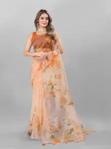 Inithi Orange Floral Organza Tussar Saree