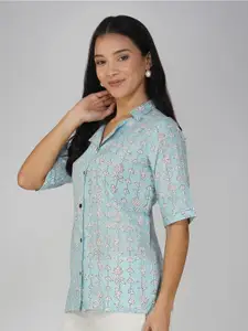 SPARSA Classic Floral Printed Cuban Collar Pure Cotton Casual Shirt