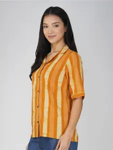 SPARSA Classic Vertical Striped Cuban Collar Pure Cotton Casual Shirt