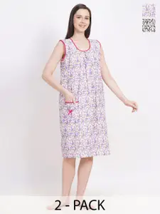 Breezly Pack Of 2 Floral Printed Sleeveless Pure Cotton Midi Nightdress