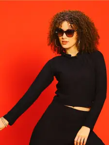 Sera Black Self Design High Neck Raglan Sleeves Crop Top