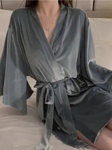 LULU & SKY V-Neck Velvet Wrap Nightdress With Robe