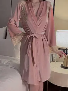 LULU & SKY Velour Lace Trim Night Robe