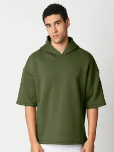 HEMSTERS Drop Shoulder Sleeves Cotton Fleece Relaxed Fit Hood Pullover Sweatshirt