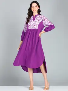 Zolo Label Floral Embroidered Mandarin Collar Puffed Sleeves A-Line Midi Dress