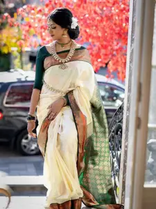 Mitera Off White & Green Ethnic Woven Design Zari Saree