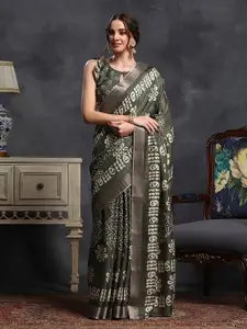 Saree mall Olive Green & White Ethnic Motifs Printed Zari Sungudi Saree