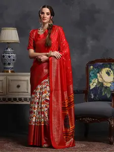 Saree mall Red & Cream-Coloured Ethnic Motifs Printed Zari Ikat Saree