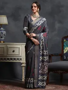 Saree mall Grey & White Ethnic Printed Sungudi Saree