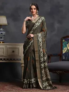 Saree mall Olive Green & White Bagh Printed Zari Sungudi Saree