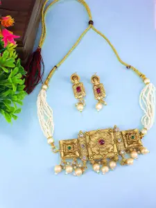 PRIVIU Gold-Plated Stone-Studded & Beaded Necklace & Earrings