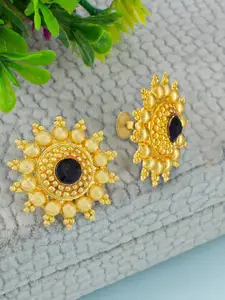 PRIVIU Gold-Toned & Black Floral Studs Earrings