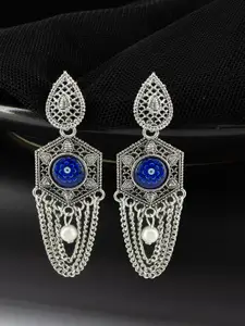 PRIVIU Silver-Toned & Blue Floral Drop Earrings
