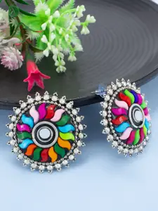 PRIVIU Silver-Toned & Multicoloured Floral Studs Earrings