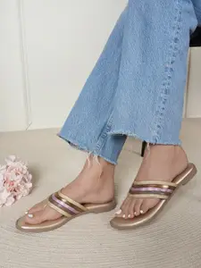 Luxyfeel Striped Open Toe T-Strap Flats