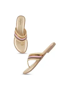 Luxyfeel Women Gold-Toned Party T-Strap Flats