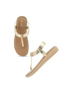 Luxyfeel Women Gold-Toned Party T-Strap Flats