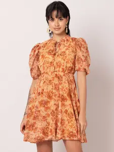 FabAlley Orange Floral Print Tie-Up Neck Puff Sleeve Georgette Fit & Flare Dress