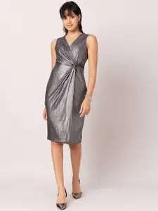 FabAlley Silver-Toned Striped Sheen Wrap Dress