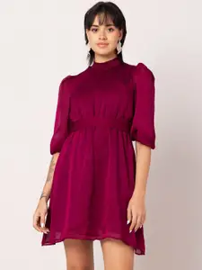 FabAlley Purple High Neck Puff Sleeve Chiffon Fit & Flare Dress With Belt