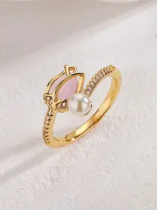 ZIVOM Gold-Plated CZ Stone & Pearl Studded Tulip Flower Design Finger Ring