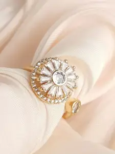 ZIVOM Gold-Plated CZ-Stone Studded Flower Baguette Design Finger Ring
