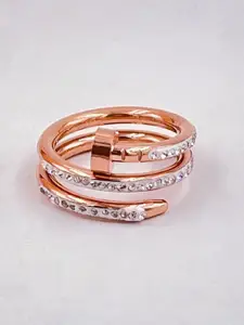 ZIVOM Rose Gold-Plated CZ--Stone Studded Layered Nail Design Finger Ring