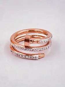 ZIVOM Rose Gold-Plated CZ--Stone Studded Layered Nail Design Finger Ring
