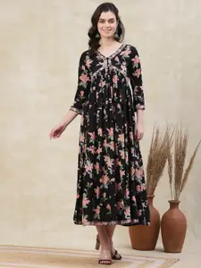 FASHOR Black Floral Print A-Line Maxi Dress