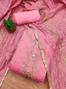 Panzora Pink Embroidered Art Silk Unstitched Dress Material