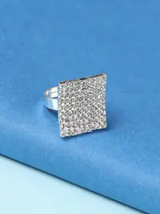 DressBerry Silver-Plated Artificial-Stones Studded Rectangle Design Finger Ring