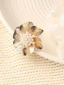 DressBerry Gold-Plated Artificial Pearls Studded Flower Design Finger Ring