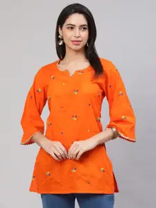 AKIMIA Orange Ethnic Motifs Embroidered Flared Sleeves Gotta Patti Pure Cotton Handloom Gotta Patti Kurti