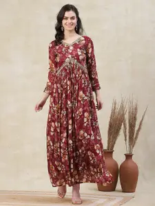 FASHOR Maroon Floral Print Crepe A-Line Maxi Dress